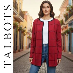 TALBOTS Pure Merino Wool Open Front Cardigan Red Black Windowpane Women’s Sz LP